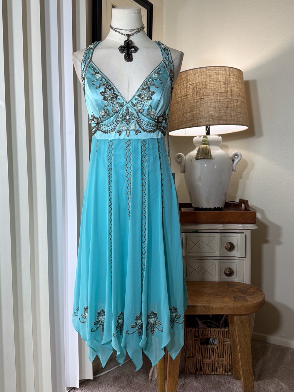 Sue Wong Turquoise Beaded V-Neck Handkerchief Hem Dress